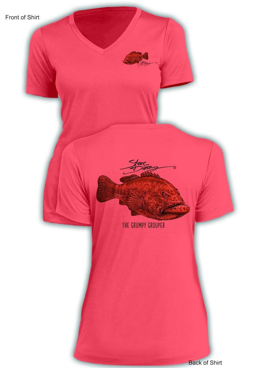 Grumpy Grouper - Ladies Short Sleeve V-Neck-100% Polyester